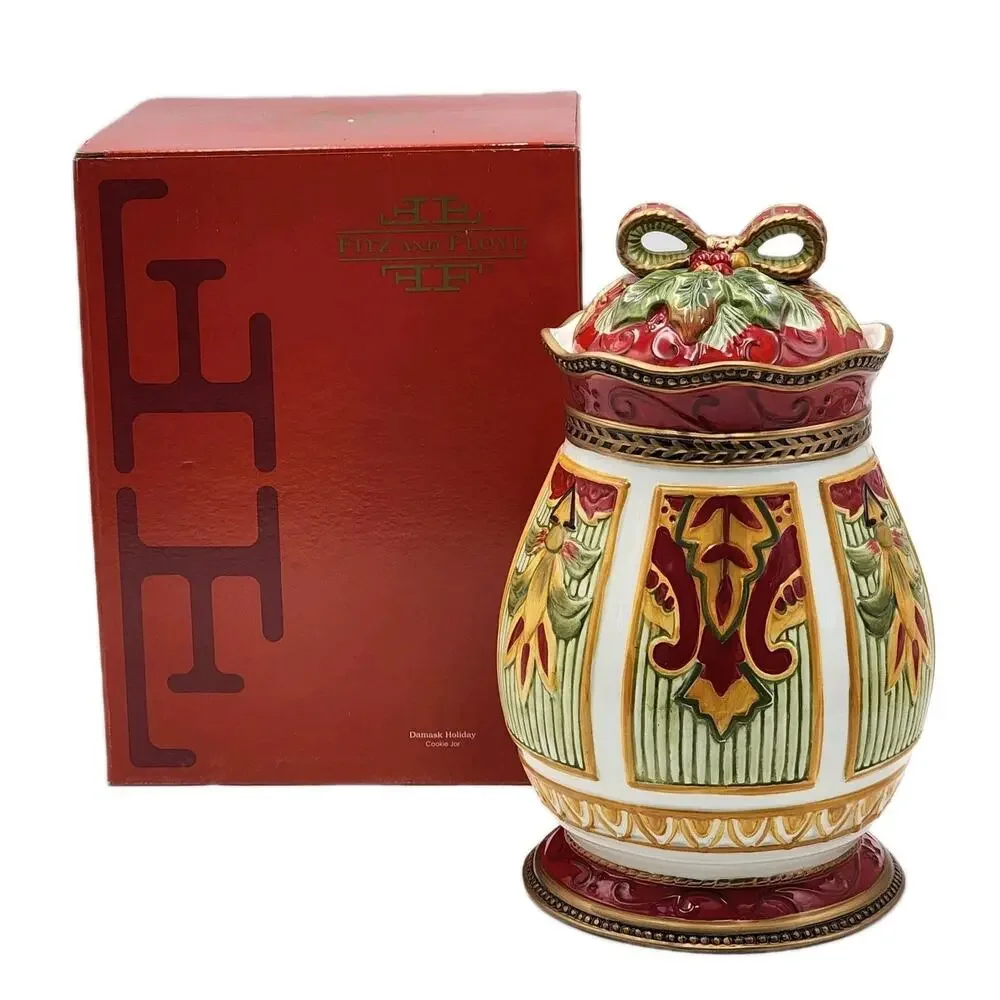 Fitz and Floyd Damask Holiday Cookie Jar LIMITED EDITION 10.5